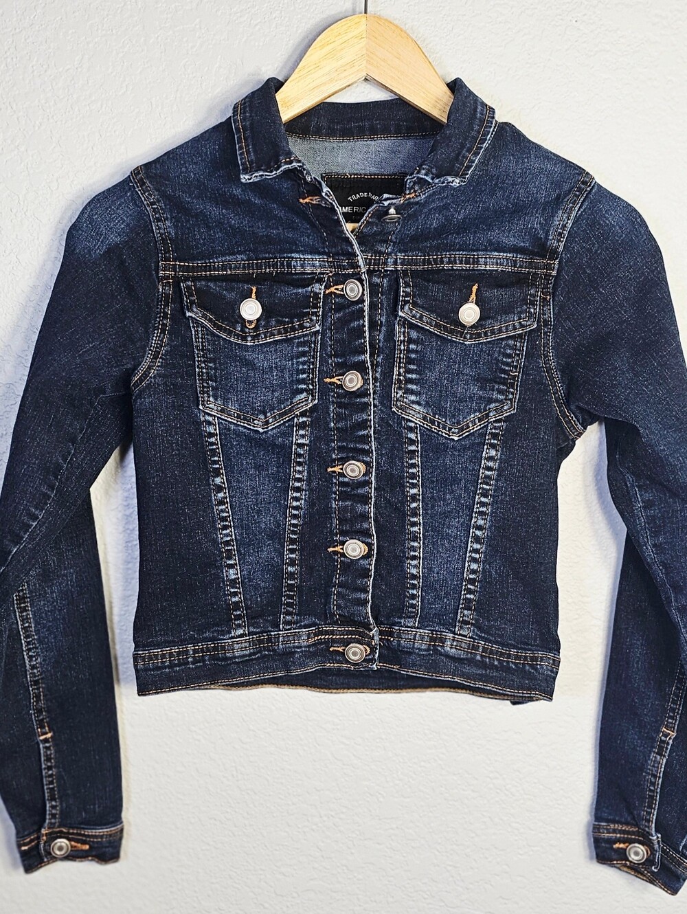 American Bazi Denim Jacket Small Dark Wash Cropped Stretch Trucker Jean Jacket